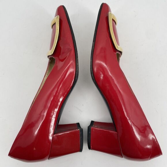 Gianni Versace Size 7 Red Patent Leather High Heels RARE Gold Buckle Block Heel - Picture 6 of 11